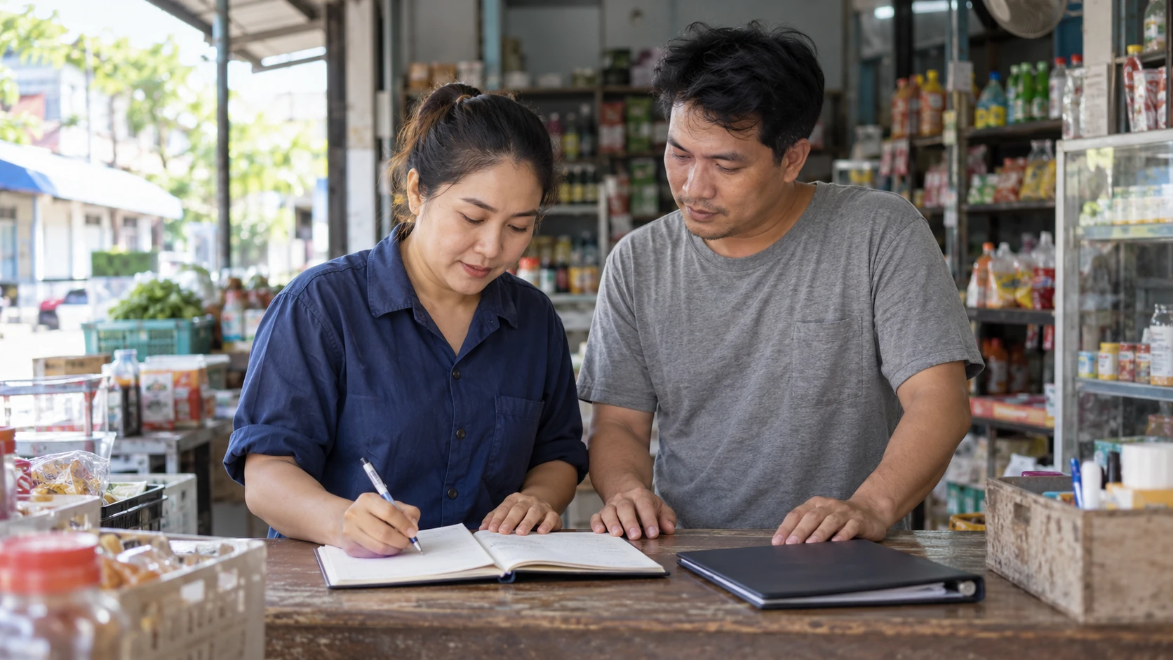 เจ้าของร้านสองคนกำลังทบทวนค่าใช้จ่ายร่วมกัน